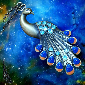 Vintage Peacock Necklace Blue Rhinestones & Simulated Blue & Salmon Stones 15"